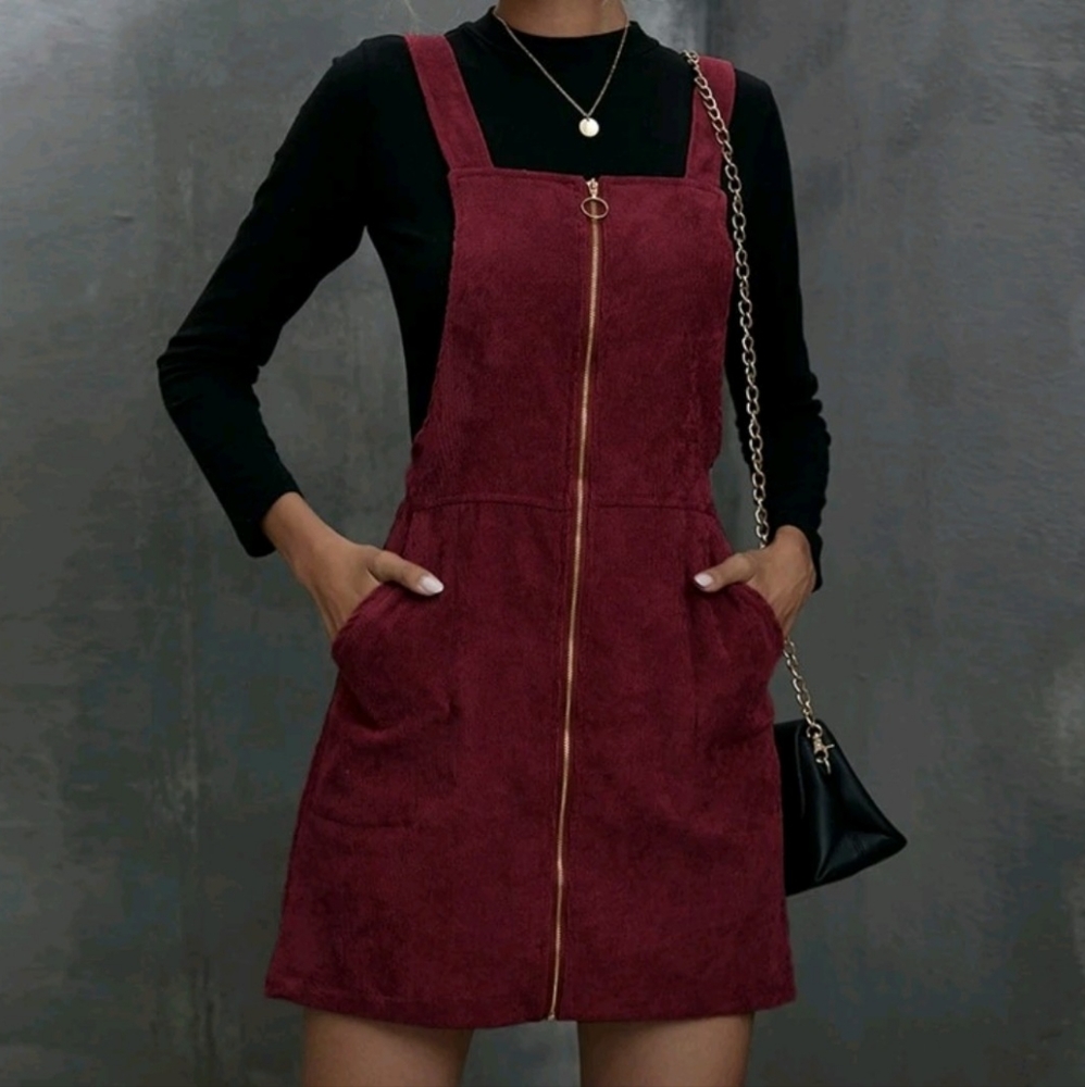 Medium SHEIN Corduroy O-Ring Zipper Mini Overall Dress